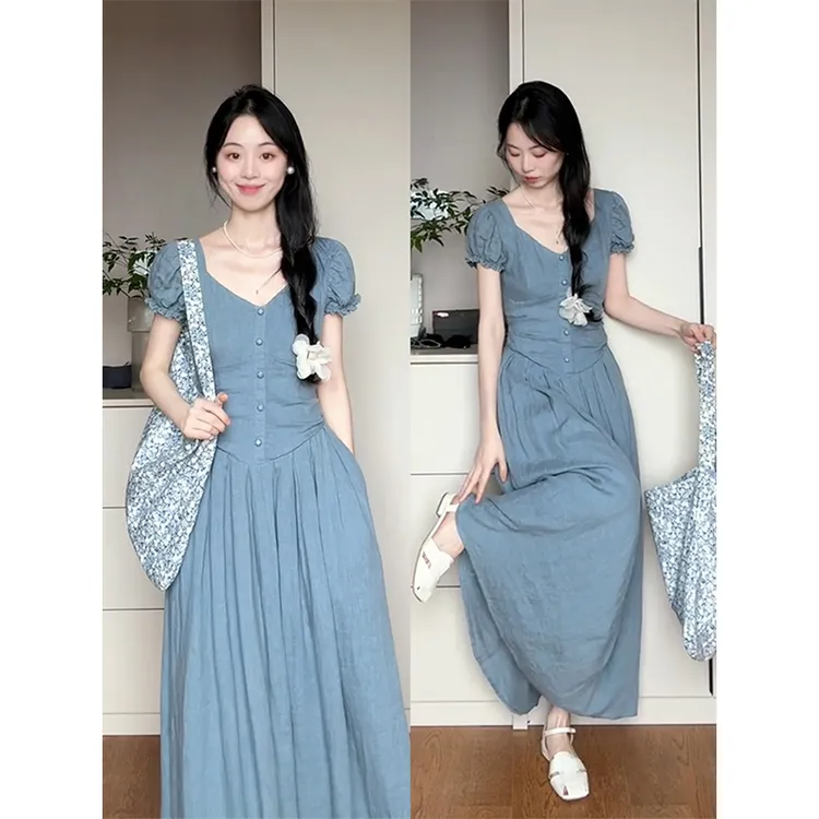 parkyeon法式复古蓝色V领泡泡短袖收腰连衣裙修身气质显瘦长裙