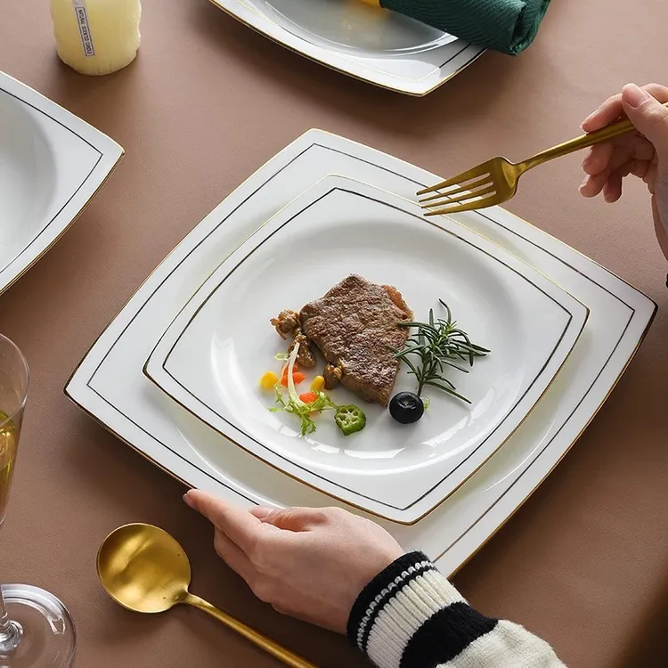 景德镇高温骨瓷8英寸天元深盘【金边轻奢蒸鱼西餐意面盘】汤菜盘