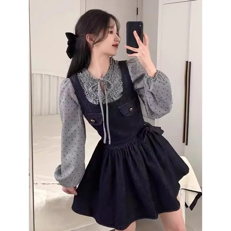 甜美可爱小个子牛仔蝴蝶结背心连衣裙女学生+秋季波点衬衫两件套