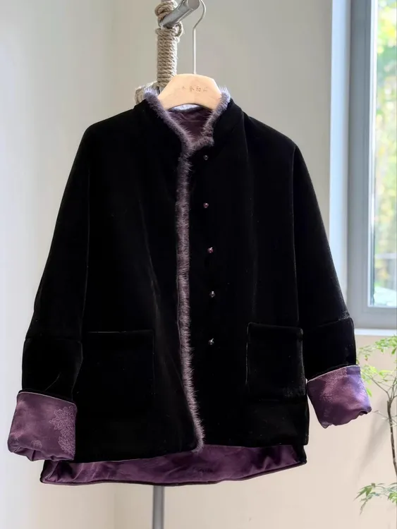 新中式撞色双面穿丝绒棉服外套女2024冬新款国风棉衣加厚夹棉袄潮