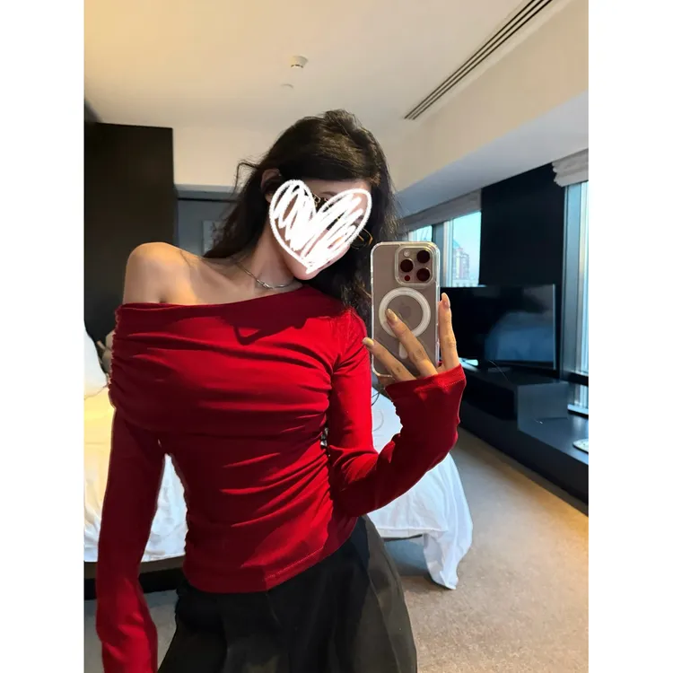 网红洋气炸街斜肩褶皱内搭长袖T恤女装秋冬修身显瘦百搭打底上衣