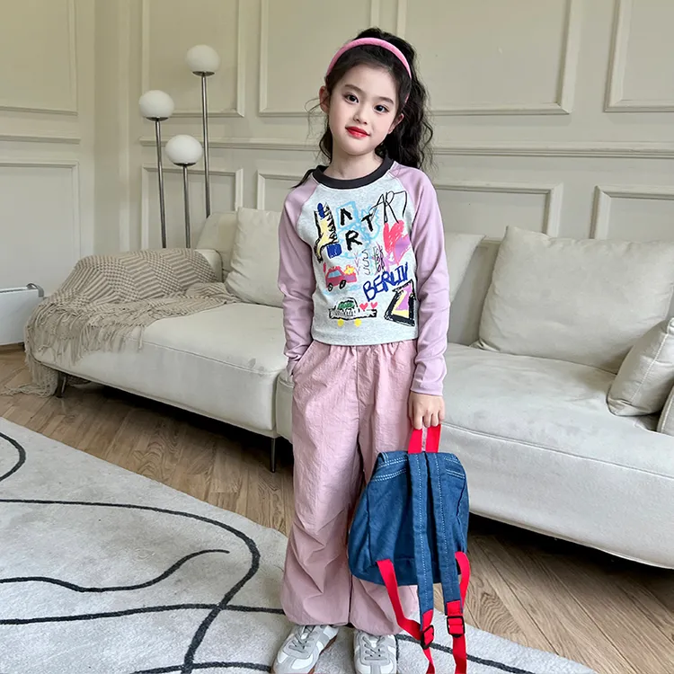 女童韩版时尚套装秋2024新款儿童插肩袖T恤