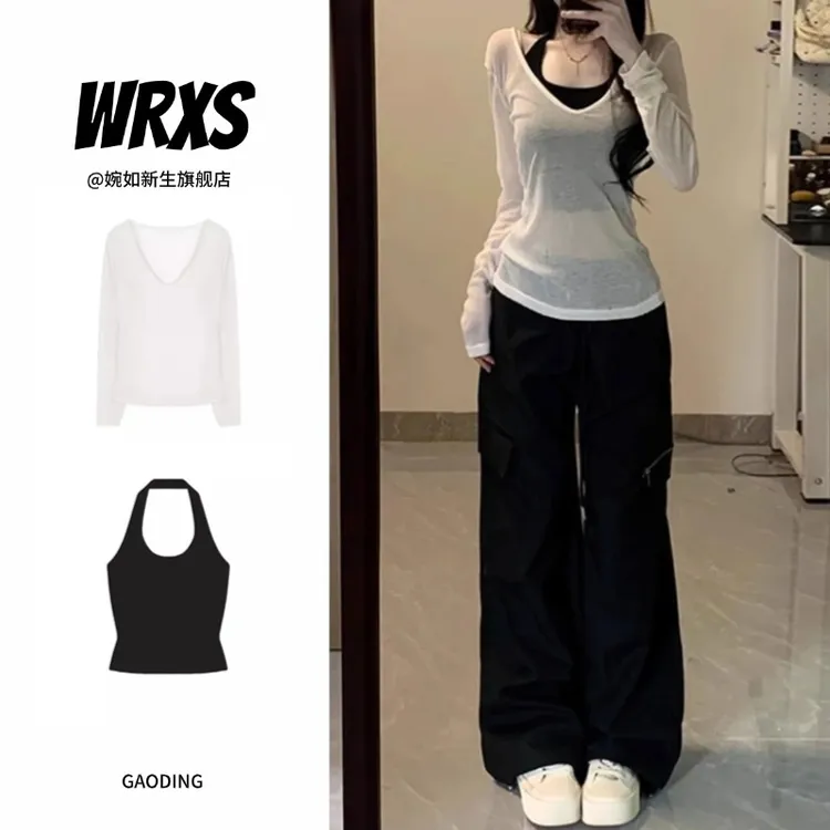 【婉如新生】美式酷辣长袖v领防晒罩衫夏季纯欲挂脖背心叠穿两件套