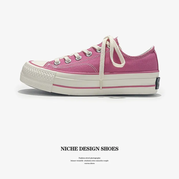 日系冈山厚底增高粉色帆布鞋女休闲鞋休闲增高运动滑板鞋女