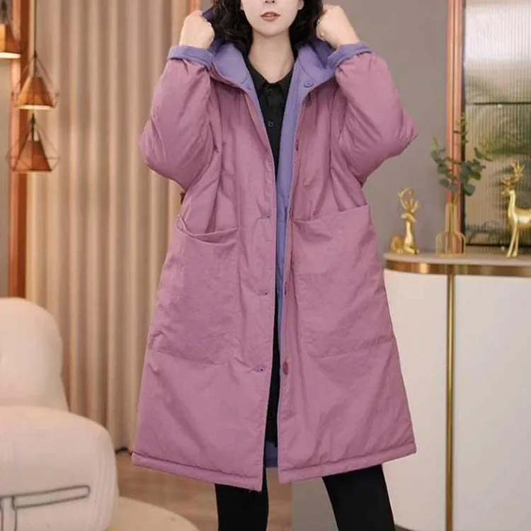 2025秋冬季新款女士时尚休闲保暖棉服中长款宽松夹棉连帽外套