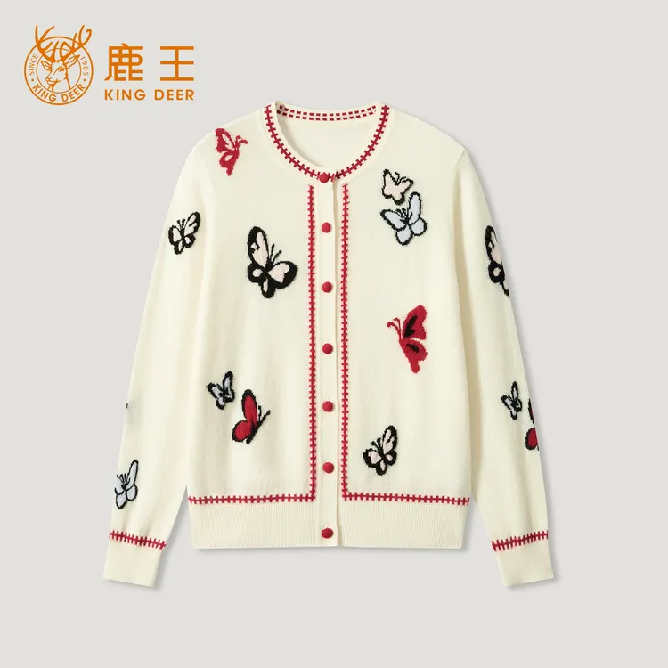 King Deer/鹿王羊绒针织蝴蝶休闲百搭女装开衫圆领羊绒衫L805663