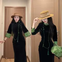 LHMknk1活动画报夫人原创自制秋冬中式贵气丝绒旗袍连衣裙 蓬莱绿