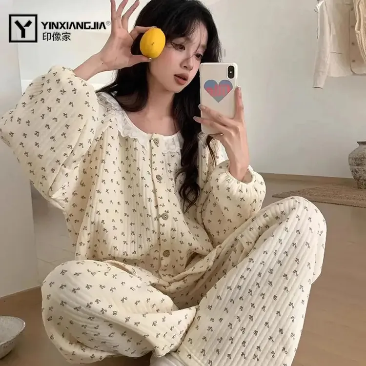 印像家2025秋冬季新款碎花睡衣女款保暖夹层宽松夹棉套装家居服