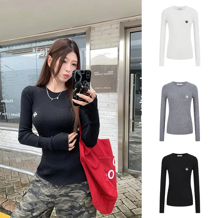 Moses Queen/魔西女王早秋坑条弹力长袖针织打底衫修身内搭上衣女