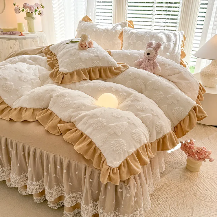 韩式兔毛绒牛奶绒四件套床裙款雕花花边被套床单加厚家用床上用品