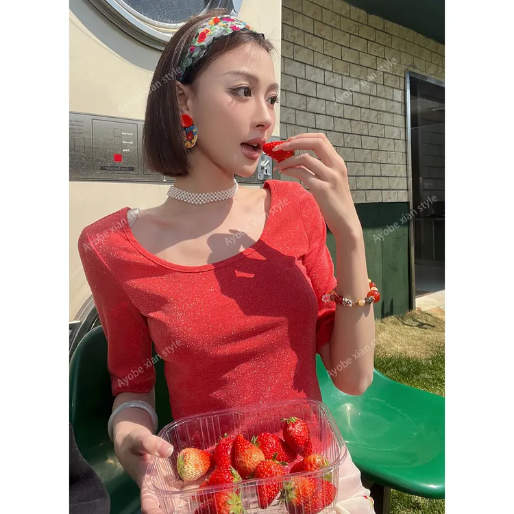 【Ayobe】心动返航~细闪大u领氛围感短袖2025前后两穿精致贵气穿搭