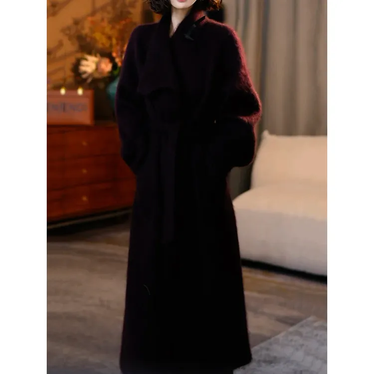 气质优雅名媛风长款毛呢外套女2026冬季新款时尚系带收腰呢子大衣