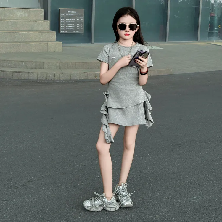 女童夏季2025新款韩版时尚纯色荷花叶边飘带休闲上衣裙裤两件套潮