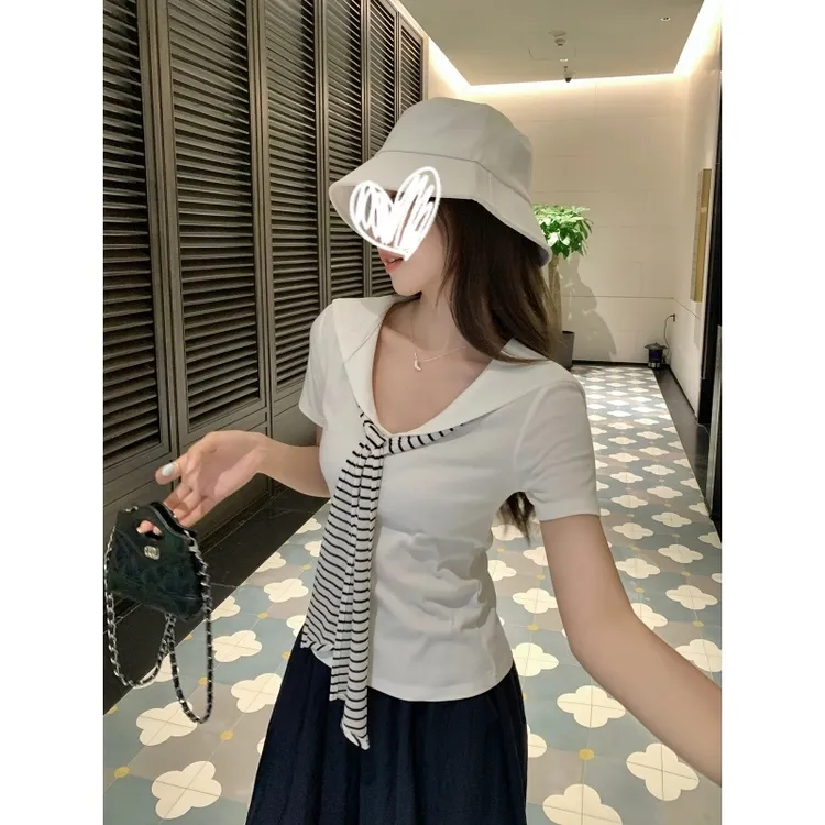 2025夏季新款修身显瘦条纹领带高级设计感短袖正肩百搭纯欲女上衣
