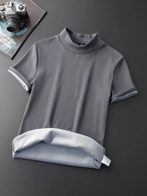 大码300斤保暖半高领秋冬短袖男士T恤加绒加厚半袖打底衫体恤上衣