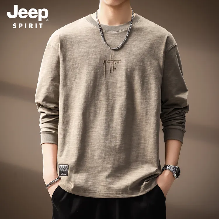JEEPSPIRIT长袖t恤男士春秋款美式复古竹节纯棉圆领打底衫内搭