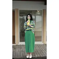 2508121【壁虎姐】GECKO秋冬新款 绿黄多彩条纹翻领针织长袖T恤