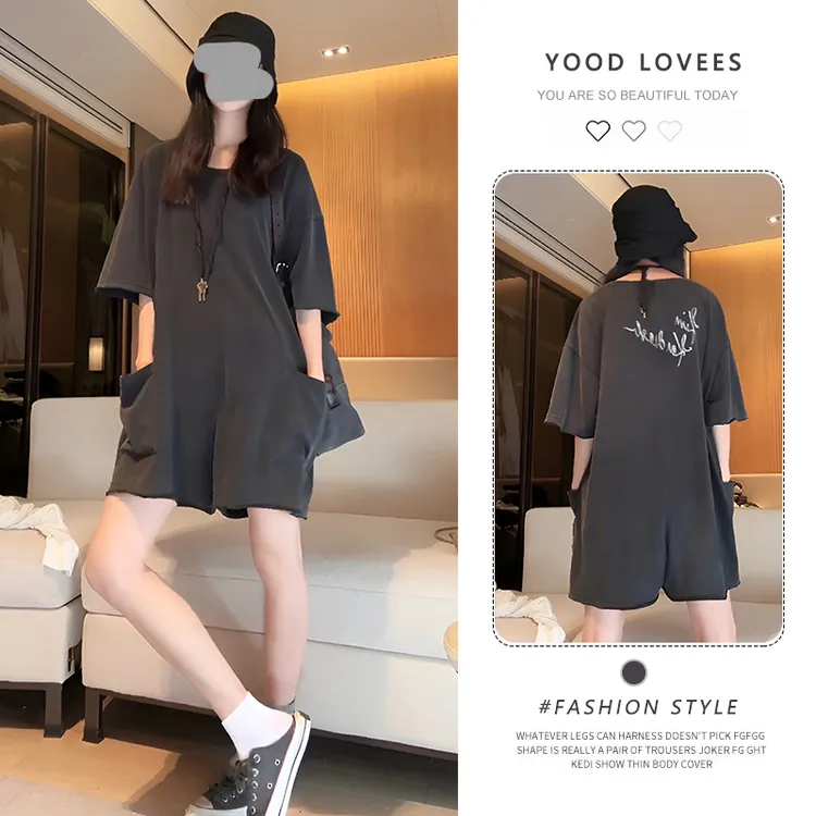 美式复古字母印花短袖连体短裤女2025新款宽松显瘦百搭阔腿连身裤