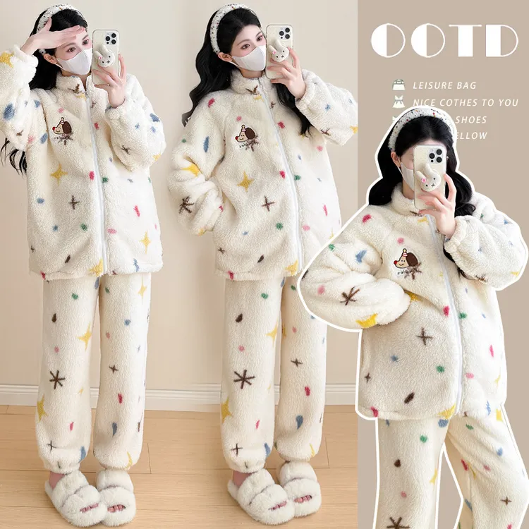 孕妇套装秋冬加绒加厚珊瑚绒睡衣可外穿时尚保暖家居服休闲孕妇装