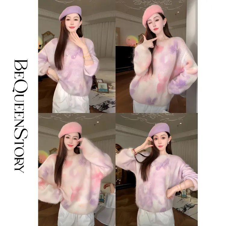 余潇潇【浪漫定律】12支含绵羊毛马海毛混纺纱线手工蝴蝶圆领羊毛衫