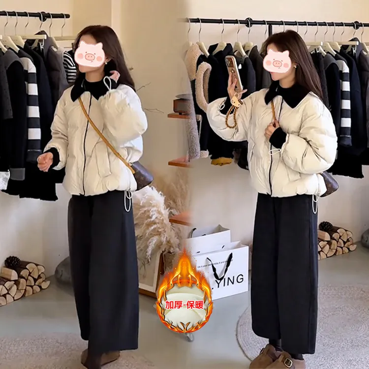 韩系一整套深冬穿搭甜美气质百搭棉服外套高腰直筒休闲裤洋气套装