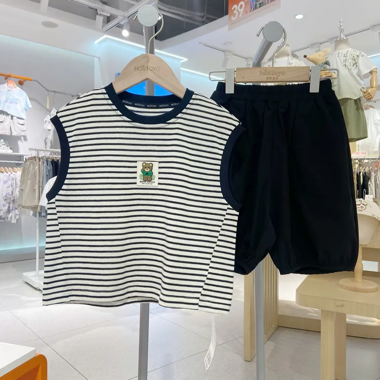 皇室童缘【中大童】2025男童夏装卡通条纹背心套装百搭夏季白色短裤