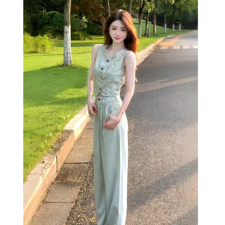 设计感无袖马甲背心宽松显瘦阔腿裤两件套女夏季韩系时尚牛仔套装