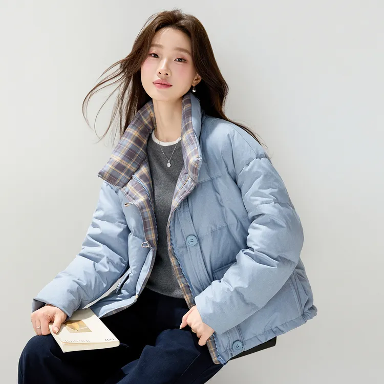 8057休闲风小个子格纹拼接短款立领女90白鸭绒2025冬季新款外套