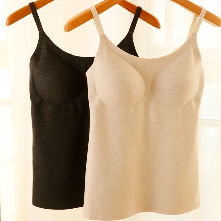 带胸垫无痕德绒吊带背心女蚕丝羊毛保暖内衣内穿肩带可调打底上衣