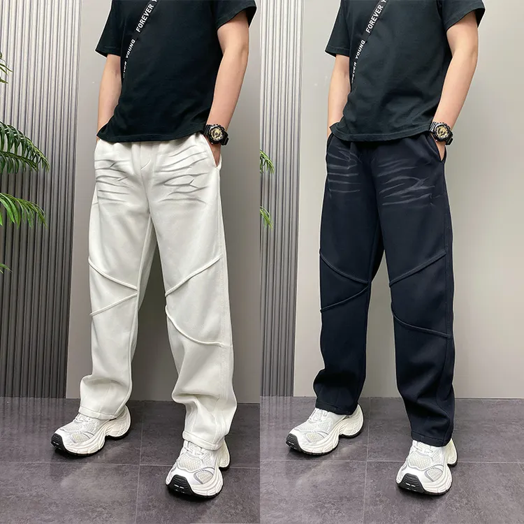 美式复古痞帅设计褶皱直筒休闲裤2025秋季新款纯色宽松阔腿运动裤