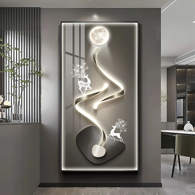 轻奢玄关装饰画带灯现代简约抽象玄关画创意麋鹿高档走廊过道挂画