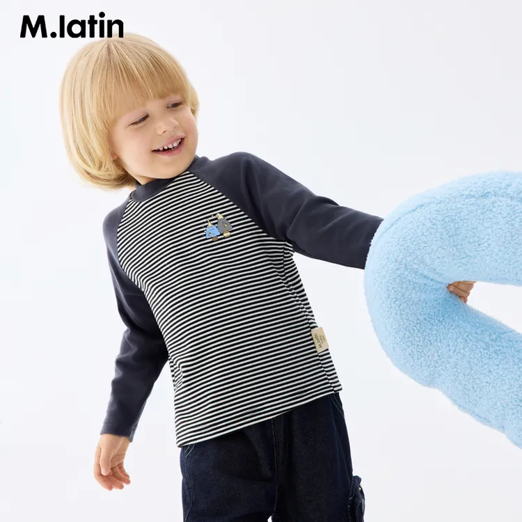 【达人专属】马拉丁童装儿童T恤25冬装新款男女小童德绒条纹拼接半高领T恤