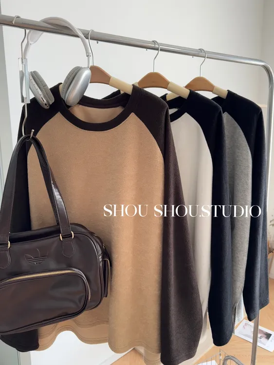 【瘦瘦】大码冬季圆领插肩袖撞色休闲百搭显瘦毛巾棉长袖上衣S02216