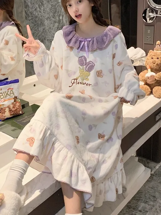 甜美公主风睡裙女冬季珊瑚绒加绒加厚中长款睡衣裙宽松孕妇家居服