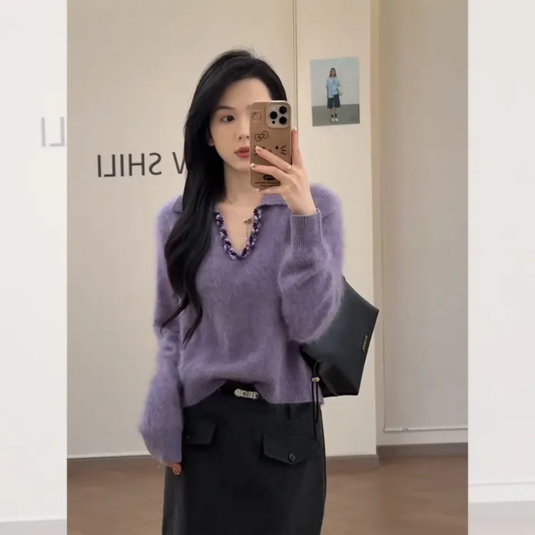 韩系漂亮紫色V领毛衣女2025秋冬季软糯奶呼呼外穿宽松针织衫上衣