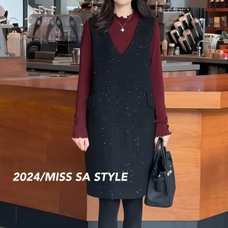 气质轻奢V领背心裙小香风套装女秋冬新款打底衫连衣裙马甲裙套装