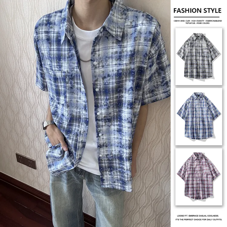 夏季情侣扎染衬衫潮流百搭oversize衬衣休闲翻领短袖格子衬衫外套