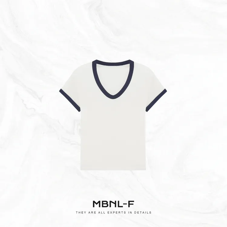 MBNL-F"撞边T" 极简撞色鸡心领天丝羊毛短袖T恤女 秦磊XM-XT0512
