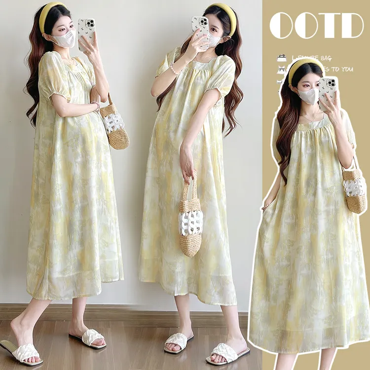 夏季新款孕妇大码碎花洋气方领扎染气质法式外穿遮肚显瘦连衣裙