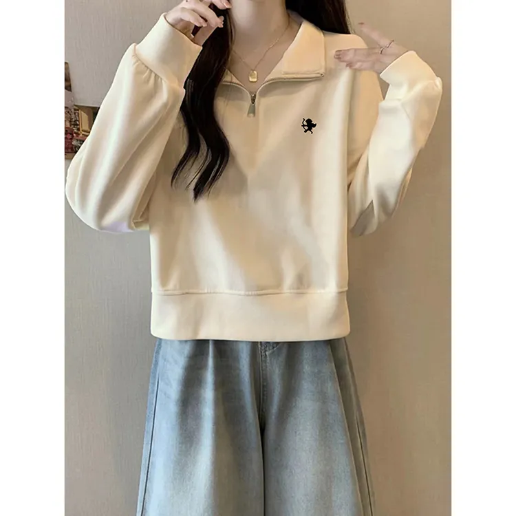 2025春秋新款杏色设计感宽松半开链卫衣遮肉显瘦小个子短款上衣女