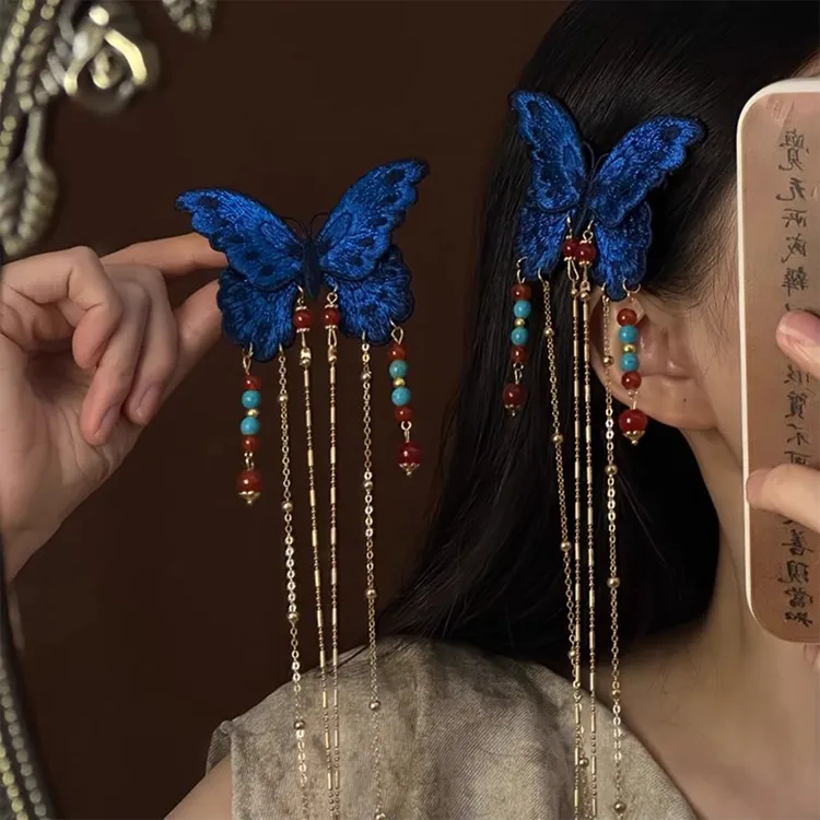 「蓝蝶衔韵」新中式古风蓝色蝴蝶流苏发夹女汉服侧边夹氛围感发饰