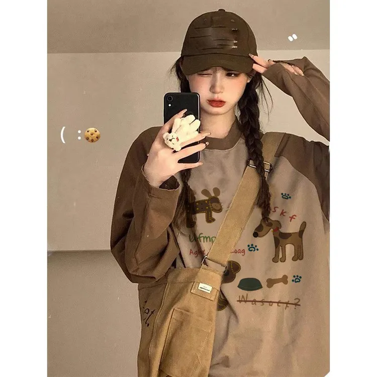 美式复古美拉德穿搭秋冬季新款大码长袖T恤女胖MM卡通动漫上衣ins