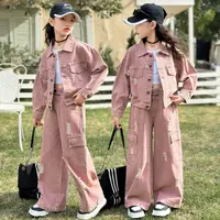女大童春秋装牛仔套装2025新款儿童洋气炸街韩版工装阔腿裤两件套