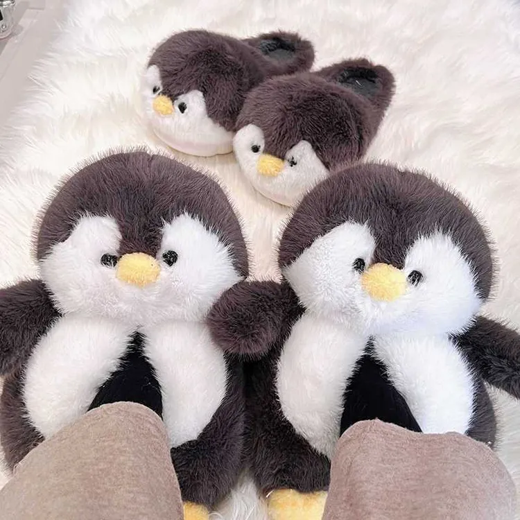 可爱小企鹅冬季毛毛绒拖鞋女款棉拖鞋高低包跟棉拖防滑软底居家鞋