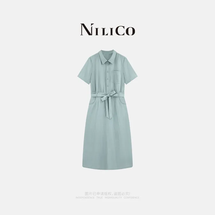 NILICO【青空】系带收腰显瘦通勤休闲气质时尚通勤简约短袖连衣裙女