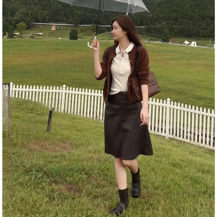 2025秋季新款法式气质百搭长袖毛衣开衫翻领短袖上衣高腰半身皮裙