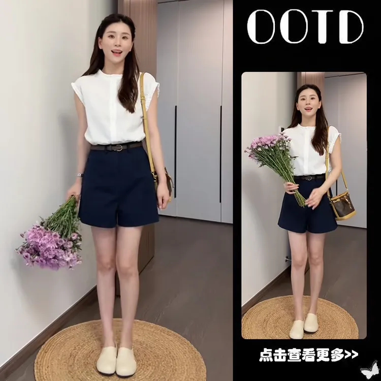 【现货】夏季穿搭一整套女2025白色飞飞袖衬衫高腰阔腿短裤两件套