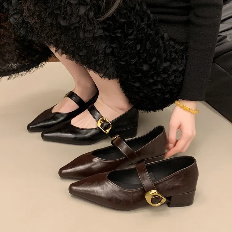 粗跟尖头单鞋女2025新款气质软底软皮舒适低跟尖头法式玛丽珍女鞋