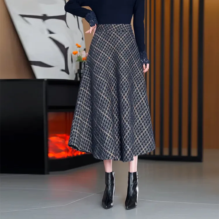 冬季加厚格子半身裙高腰气质大摆裙垂坠感a字长裙休闲百搭百褶裙