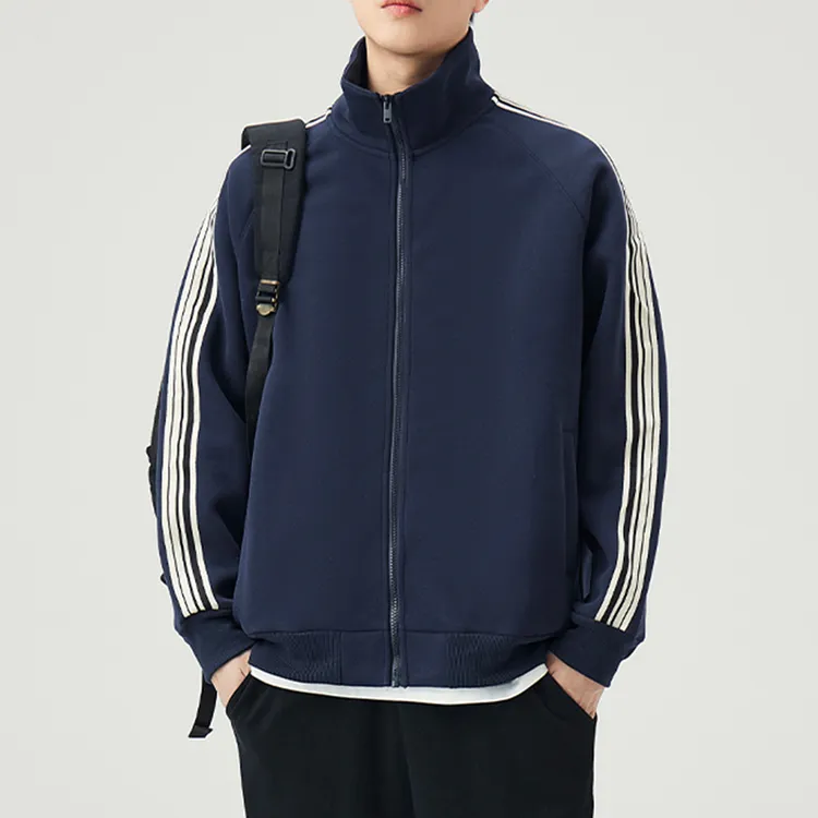 秋季美式复古立领夹克休闲外套男秋冬条纹开衫卫衣宽松运动服上衣